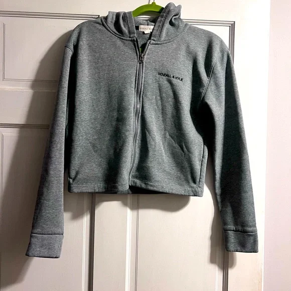 Kendal & Kylie grey solid cropped hooded sweatshirt,Woman’s L - Picture 1 of 6